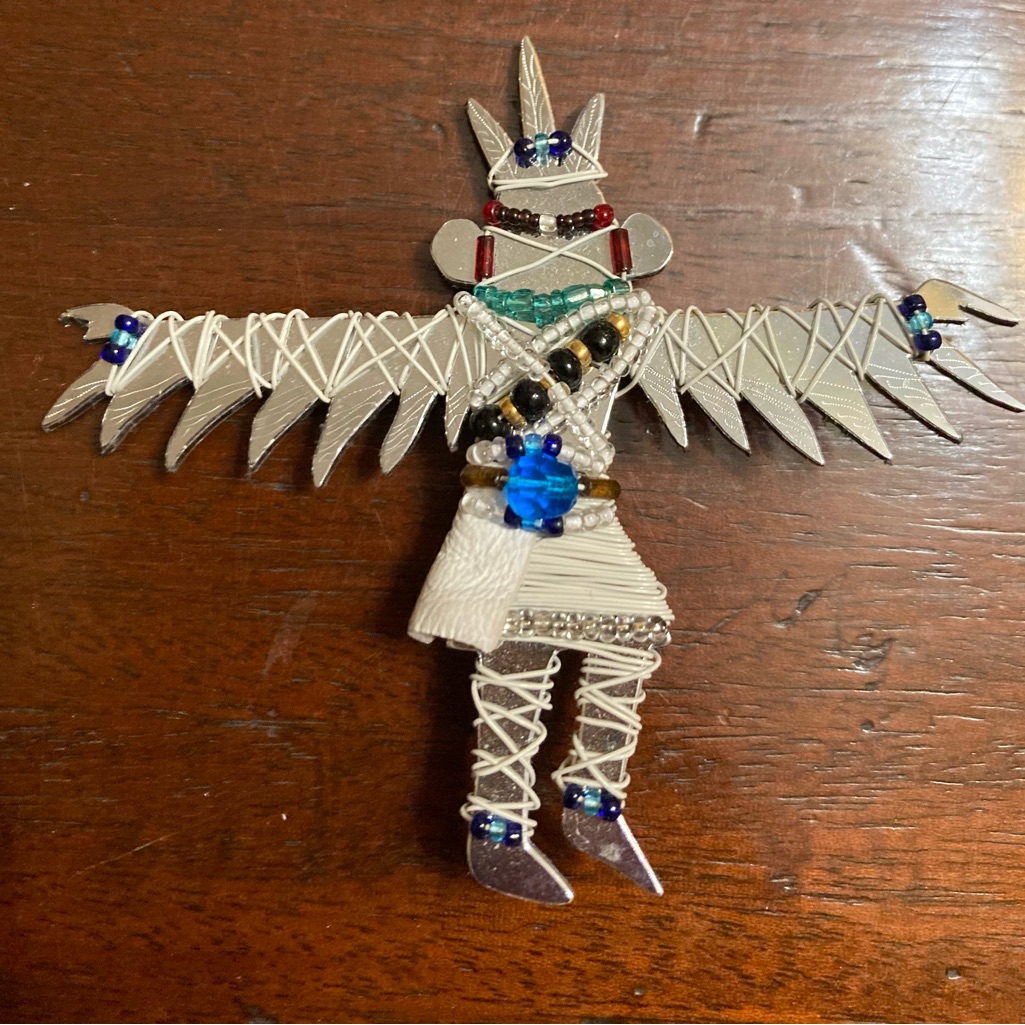 Vintage Liztech Eagle Dancer Kachina Doll Wire Wrapped Mirrored Pin Brooch